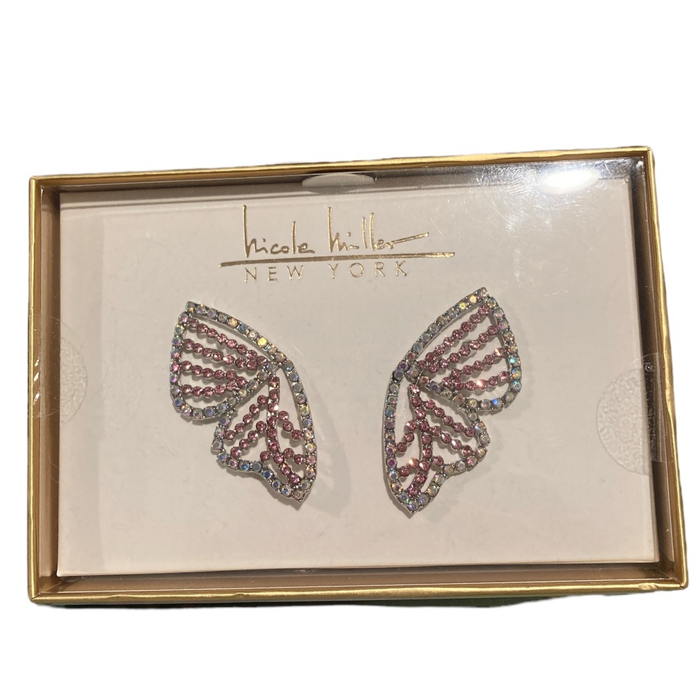 NIB Nicole Miller Blingy Pink Butterfly Wing Earrings.